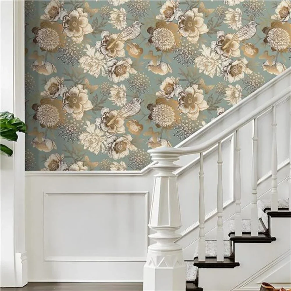 LACHEERY Blue and Gold Vintage Floral Wallpaper Peel and Stick Vintage Flower